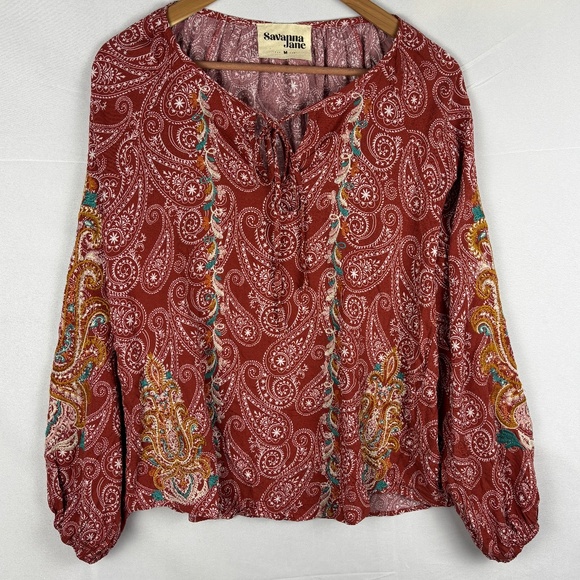 Savanna Jane Women's Long Sleeve Peasant Blouse Top Sz M Embroidered Boho Gypsy - Picture 1 of 8